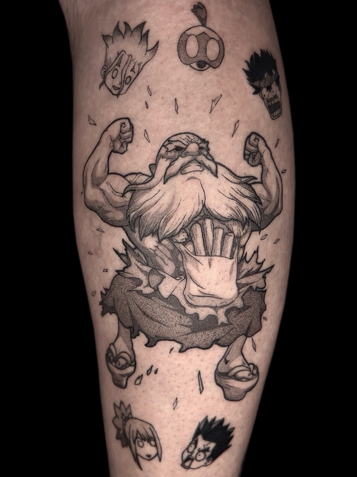 Sebastián — Anime character blackwork tattoo, CAOS Art Tattoo Santiago